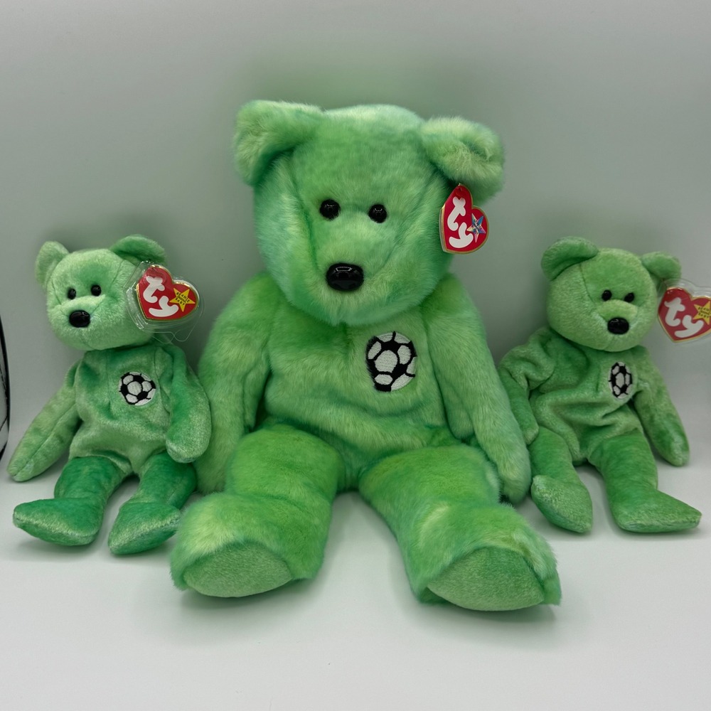 Ty Beanie Buddy & Baby Kicks Bear Soccer Green Plush Set of 3 1998 1999